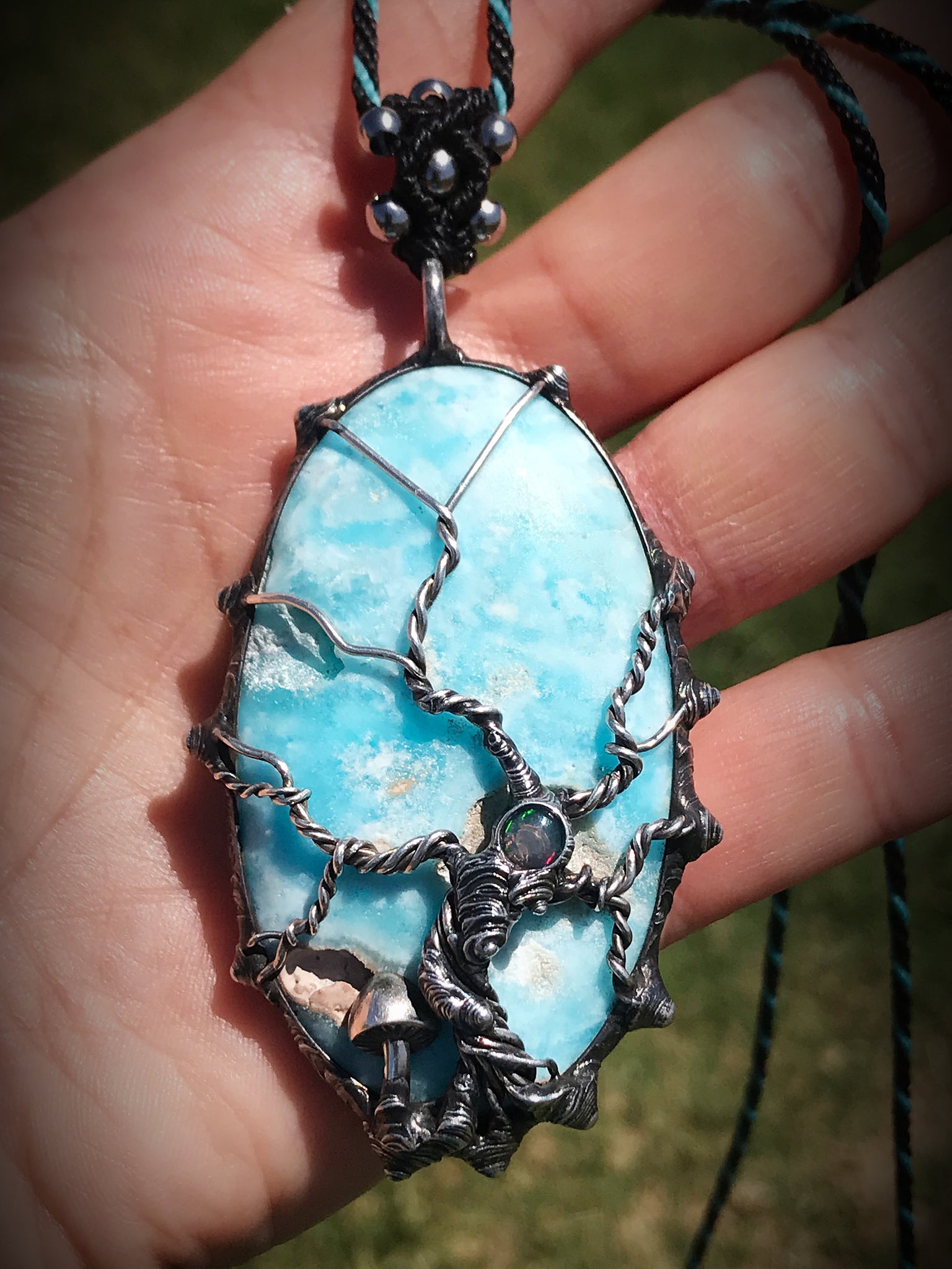 Sterling Silver tree set on blue Aragonite, accompanied with a little shroom and Ethiopian Opal