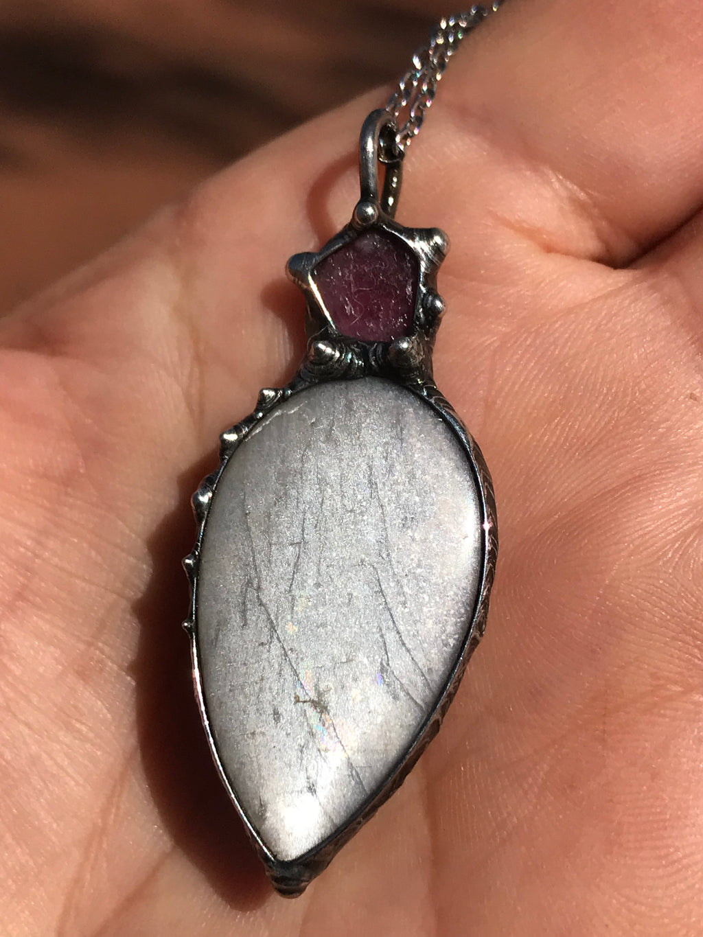 Silver Moonstone combined with pink rough tourmaline