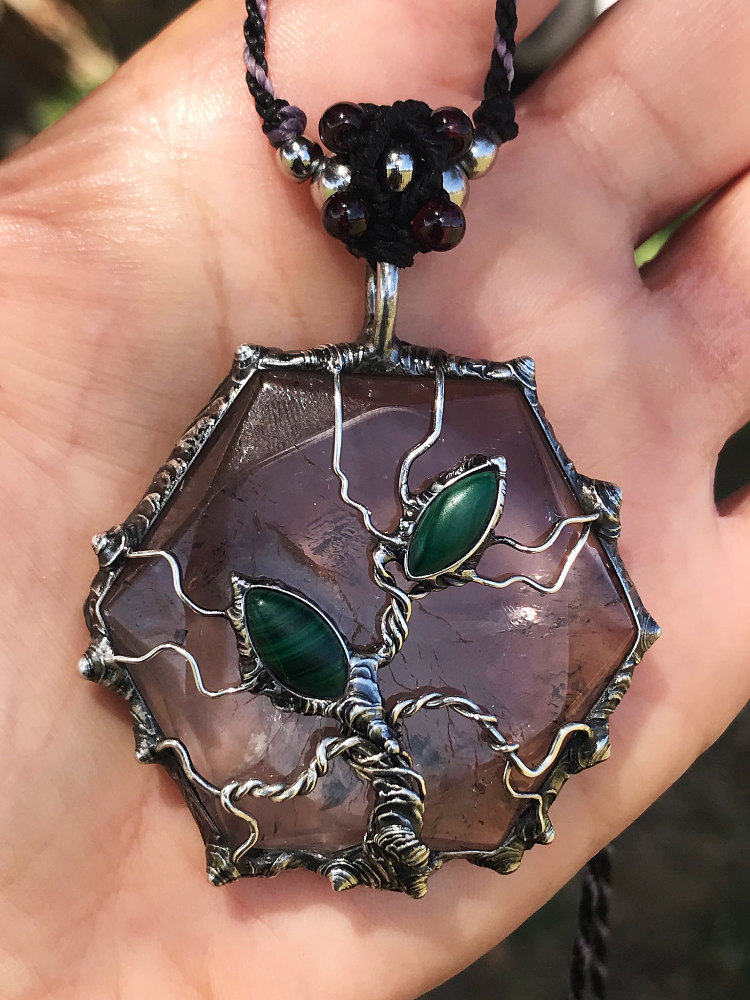 Sterling Silver Tree set on Amethyst Hexagon adorned with Malachite