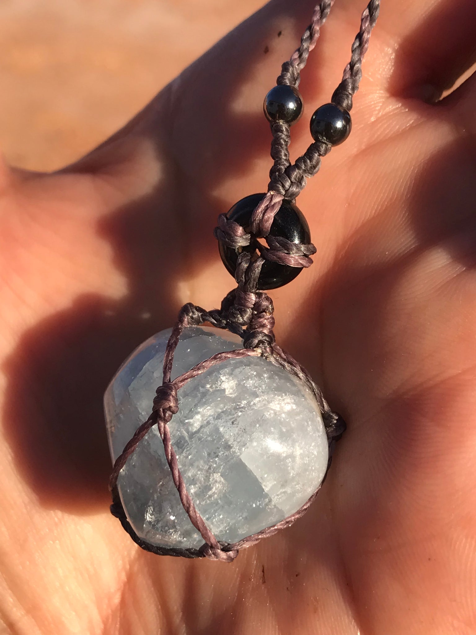 Divine Celestite with Rainbows and grounding, protection with black onyx and Hematite
