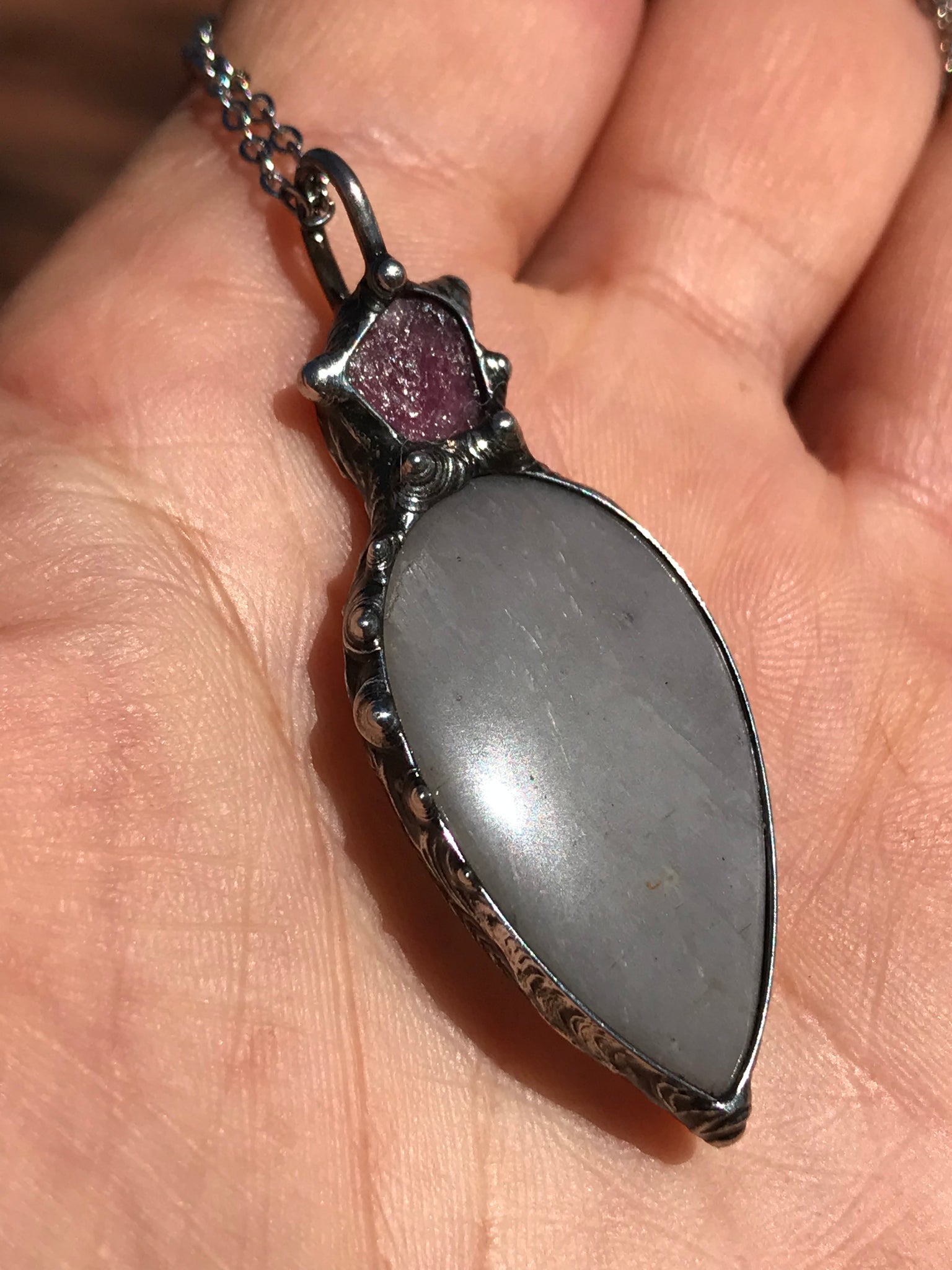 Silver Moonstone combined with pink rough tourmaline