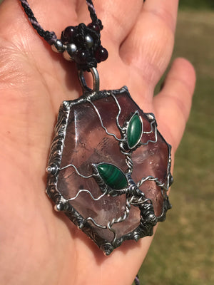 Sterling Silver Tree set on Amethyst Hexagon adorned with Malachite
